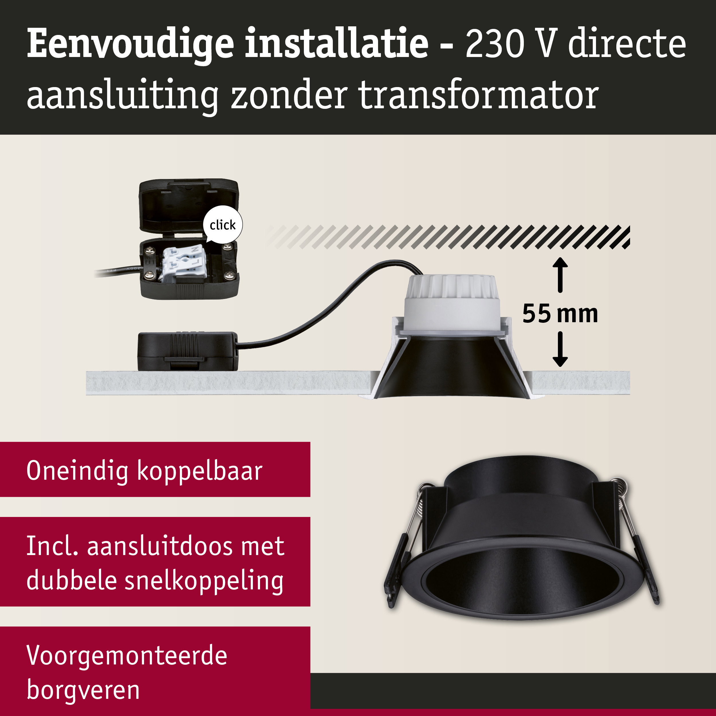 Zwarte inbouwspot met 55 mm inbouwdiepte en directe 230 V aansluiting zonder transformator