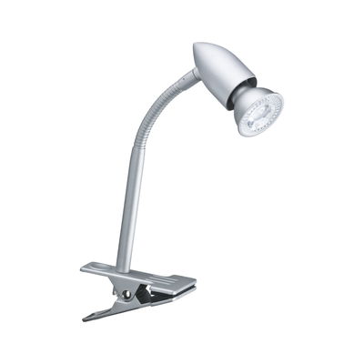 Silver metal LED clip lamp with flexible neck for focused lighting in workspaces and desks