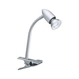 Zilveren metalen LED-klemlamp met flexibele hals voor gerichte verlichting op werkplekken
