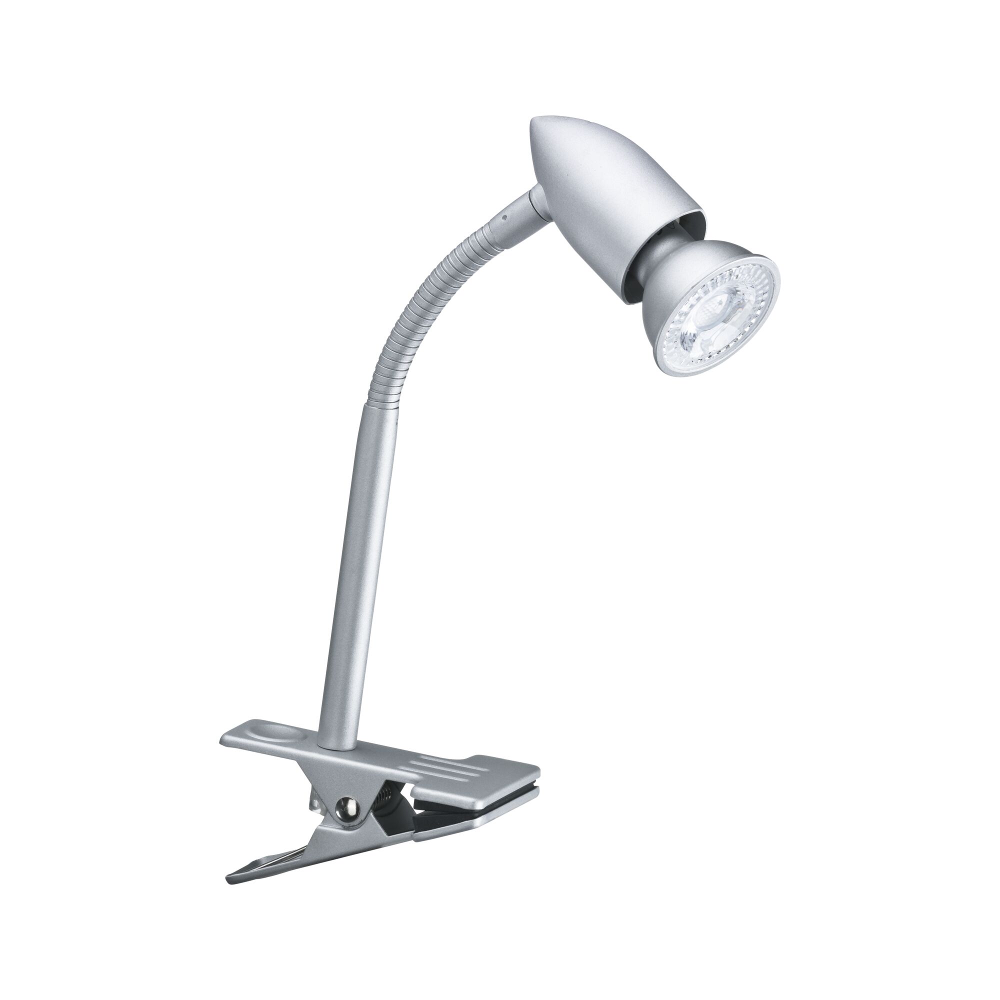 Lampe LED argentée en métal avec pince et col flexible pour un éclairage ciblé au bureau