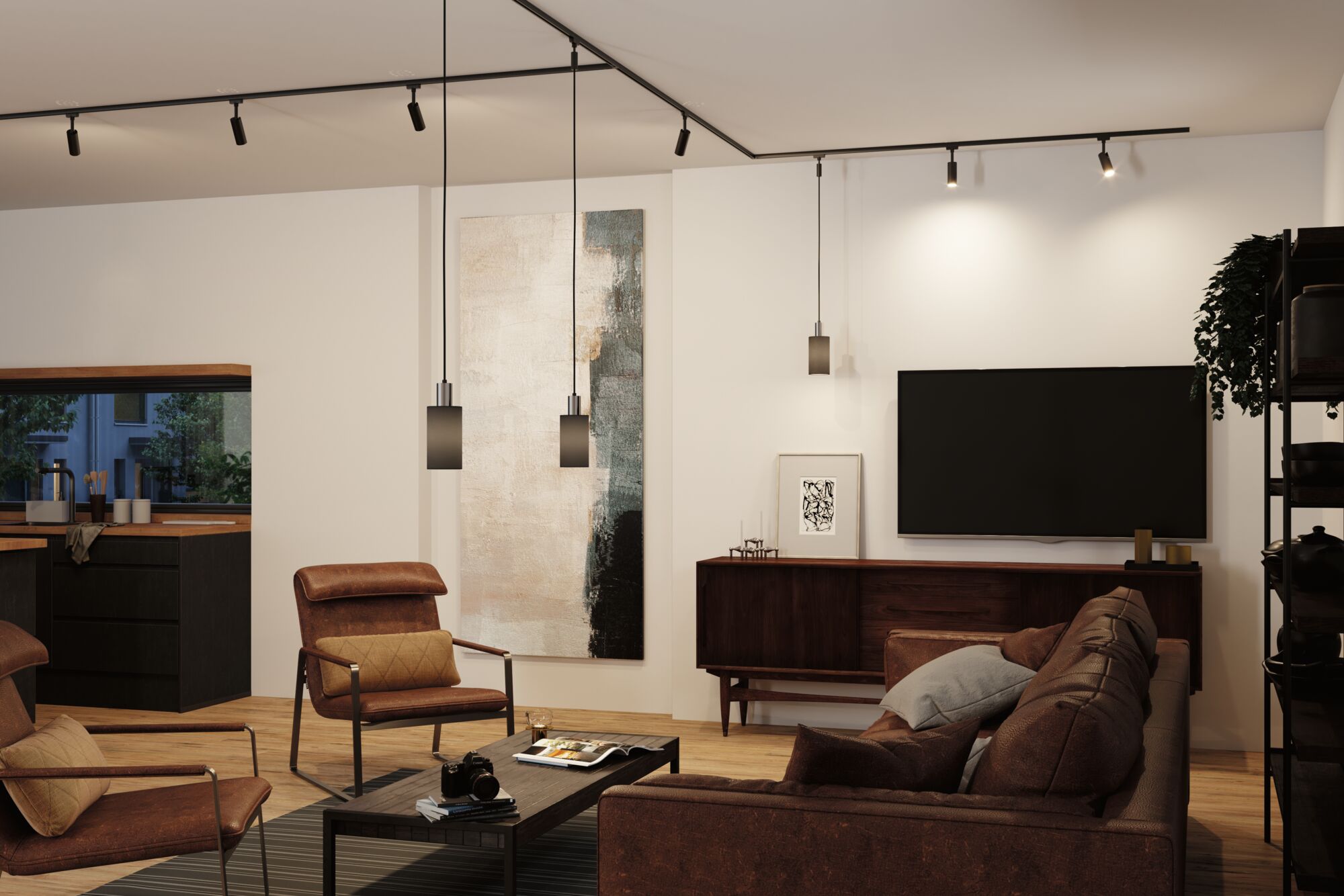 Modern living room with brown leather chairs, sofa, and black Paulmann LED ceiling spotlights and pendant lights