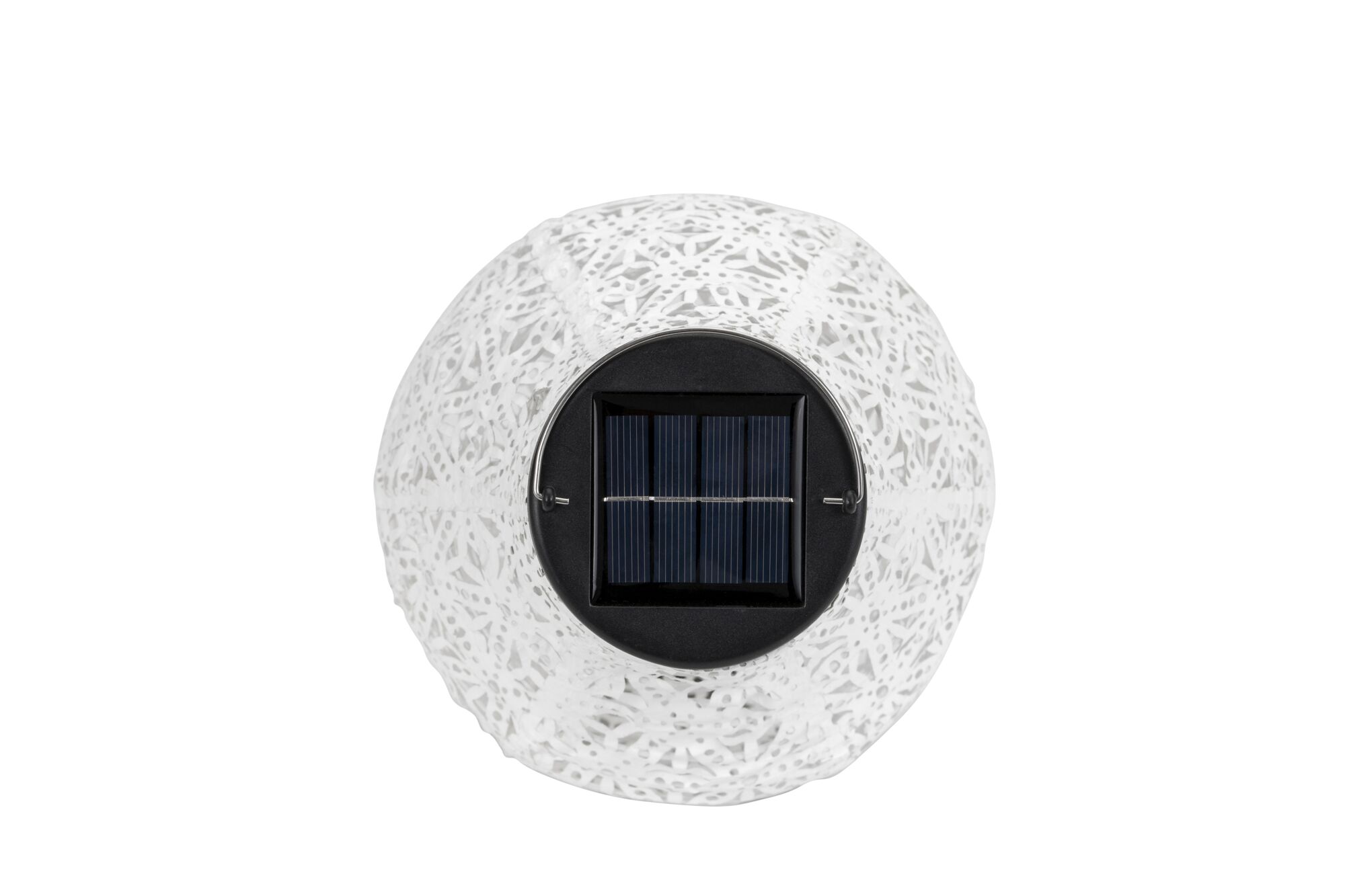 Witte solarlamp met fijn patroon en zwart zonnepaneel voor energiezuinige buitenverlichting