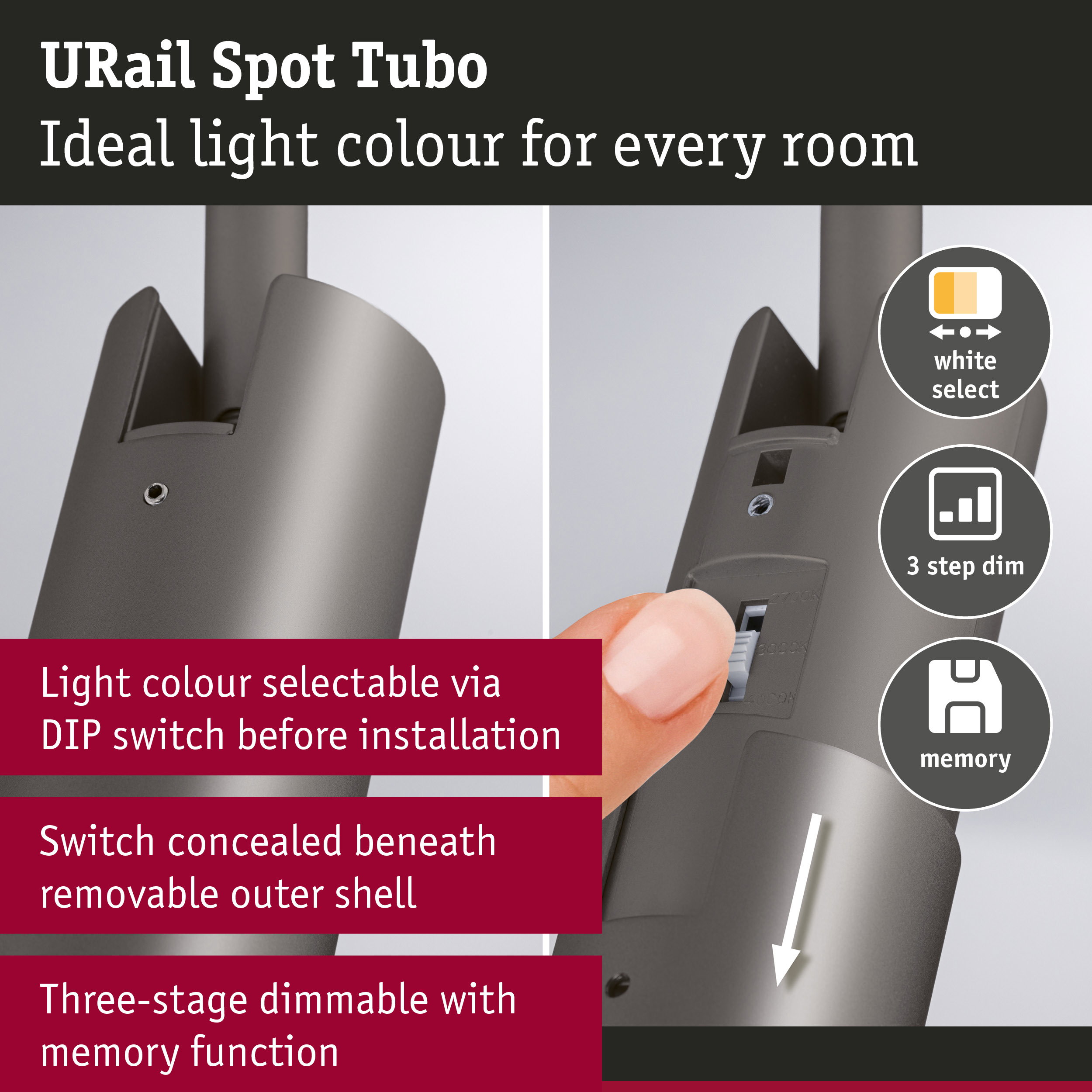 URail Rail spot Tubo Individual Spot 250lm 3,3W White Select dimmable 230V Titanium