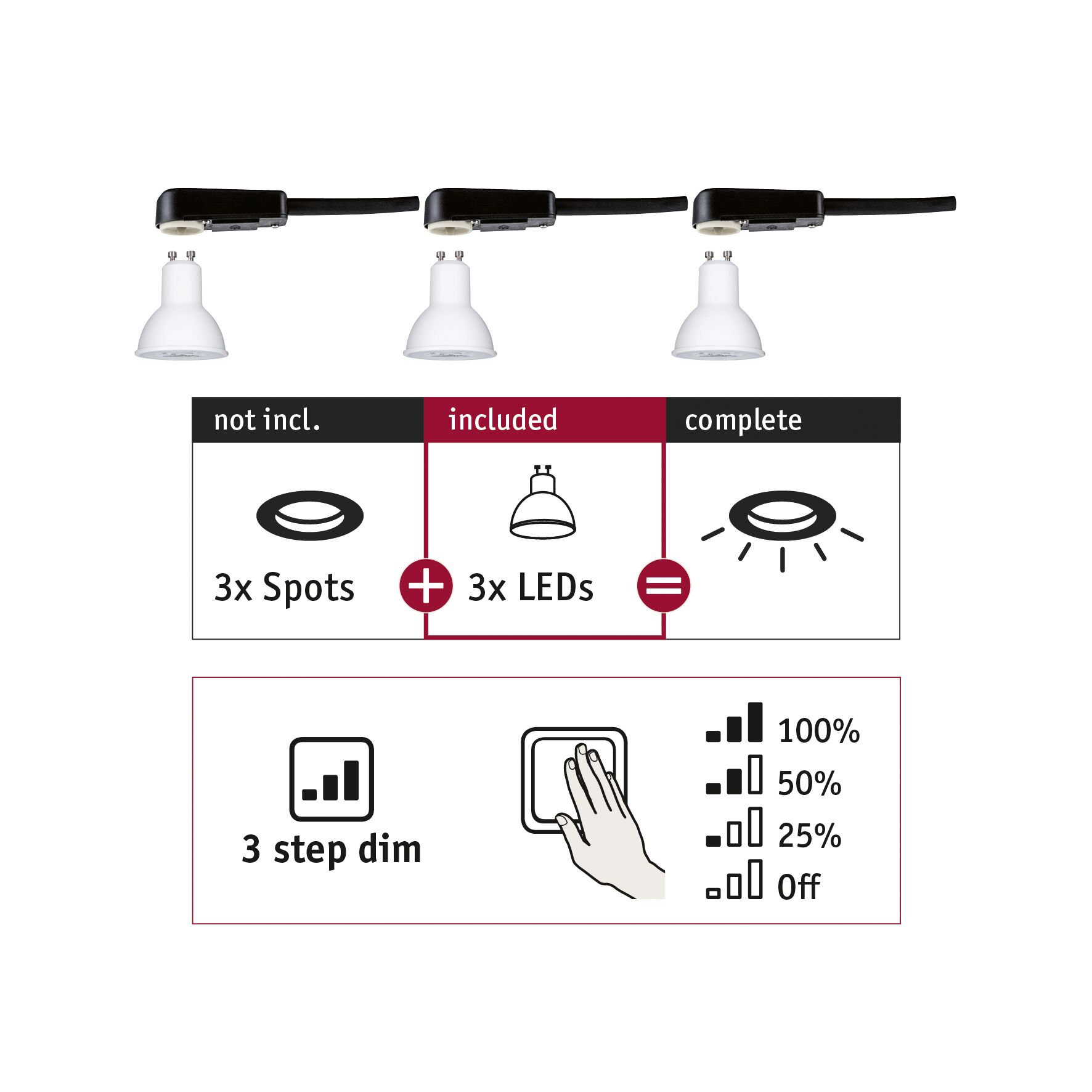 Drie witte LED-spots met zwarte kabel, 3-traps dimmer voor energiezuinige LED-verlichting