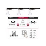 Drie witte LED-spots met zwarte kabel, 3-traps dimmer voor energiezuinige LED-verlichting