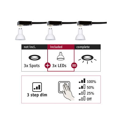 Drie witte LED-spots met zwarte kabel, 3-traps dimmer voor energiezuinige LED-verlichting
