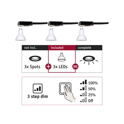 Three white LED spotlights with black cable, 3-step dimming for energy-saving LED lighting
