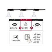Drie witte LED-spots met zwarte kabel, 3-traps dimmer voor energiezuinige LED-verlichting