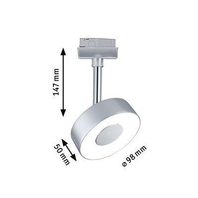 Silver metal LED spotlight with 98 mm diameter and 147 mm height for modern lighting solutions