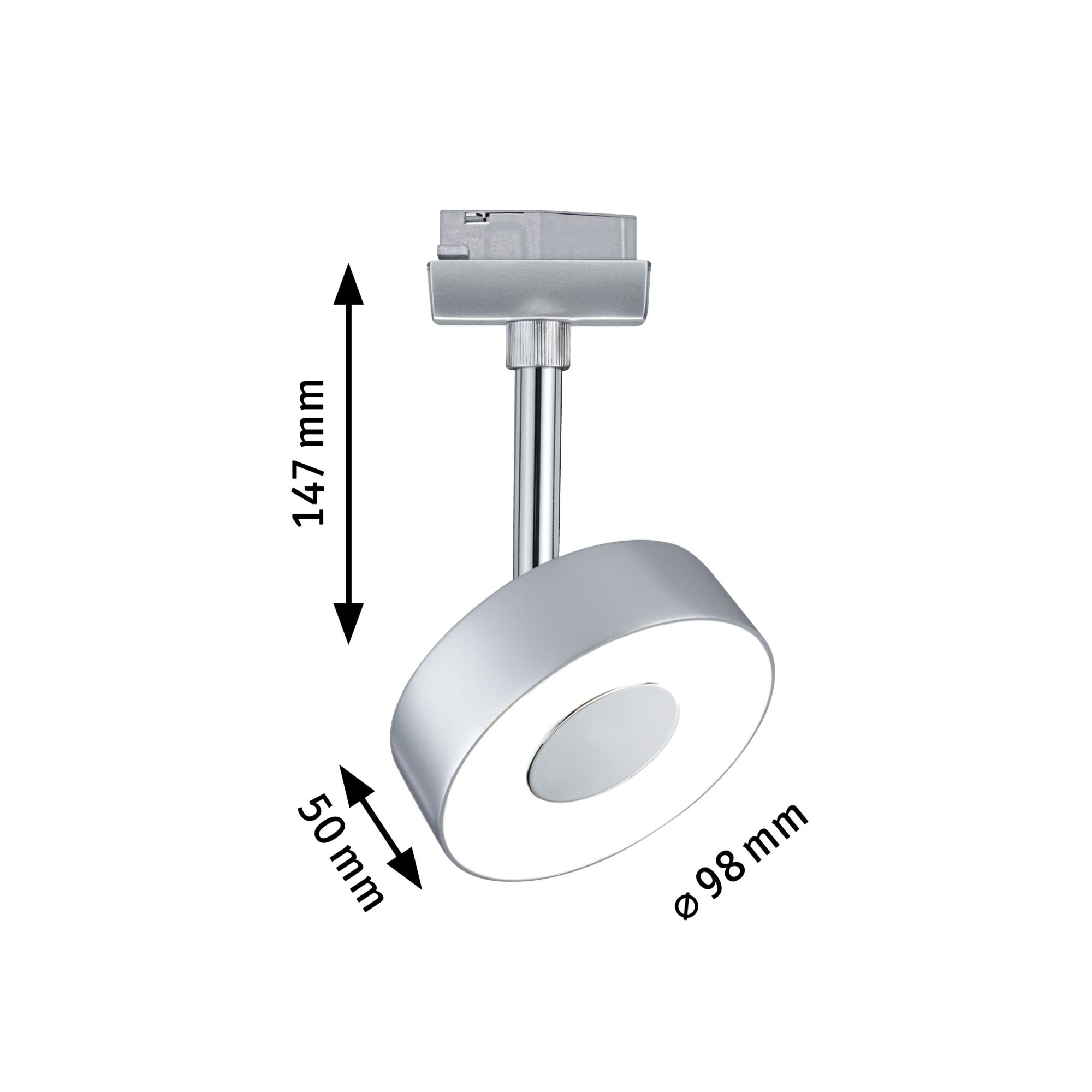 Moderne zilveren LED-plafondspot van 147 mm hoog en 98 mm diameter, energiezuinige verlichting