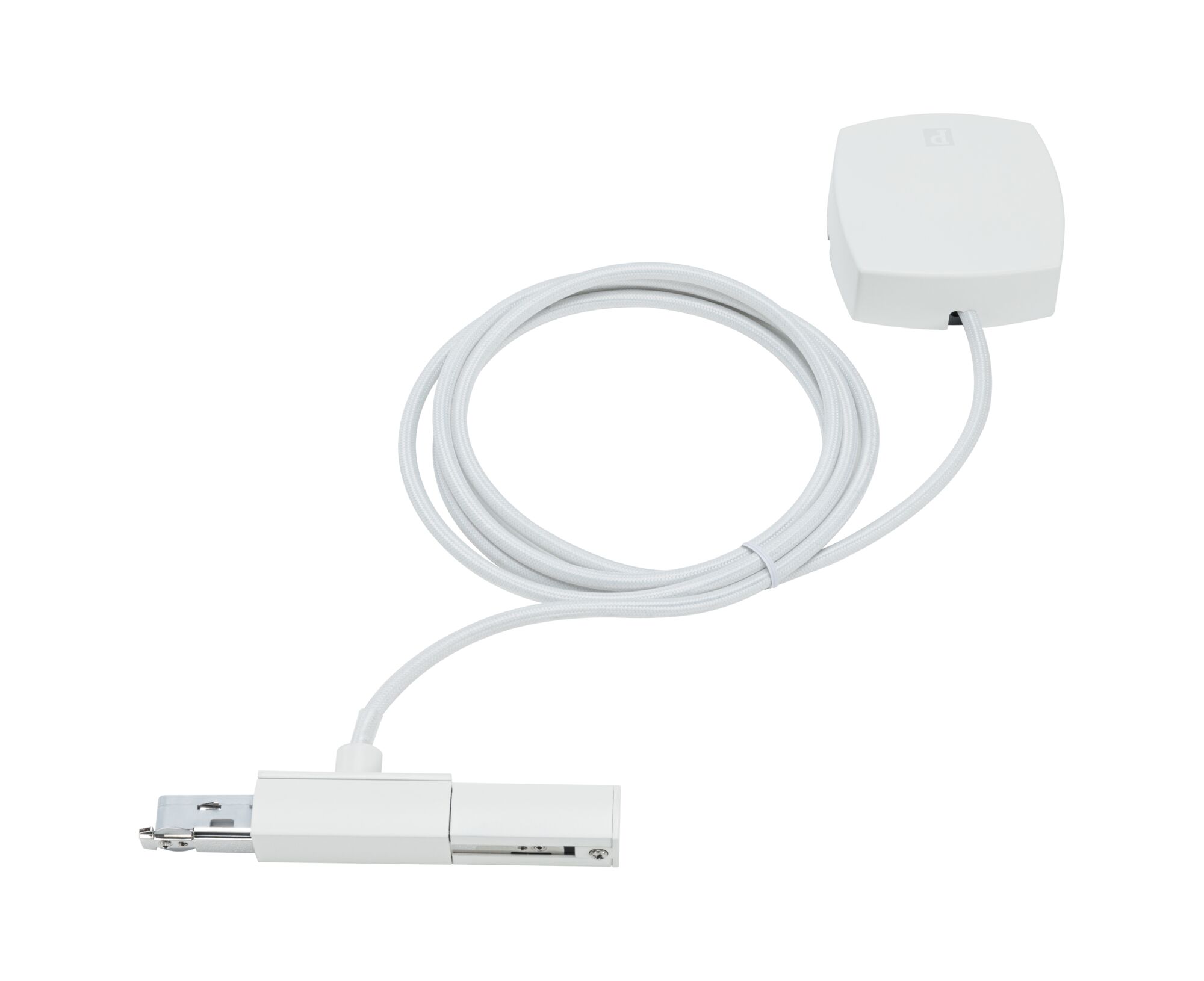 White LED track lighting system with cable and plastic connector box for flexible lighting setups