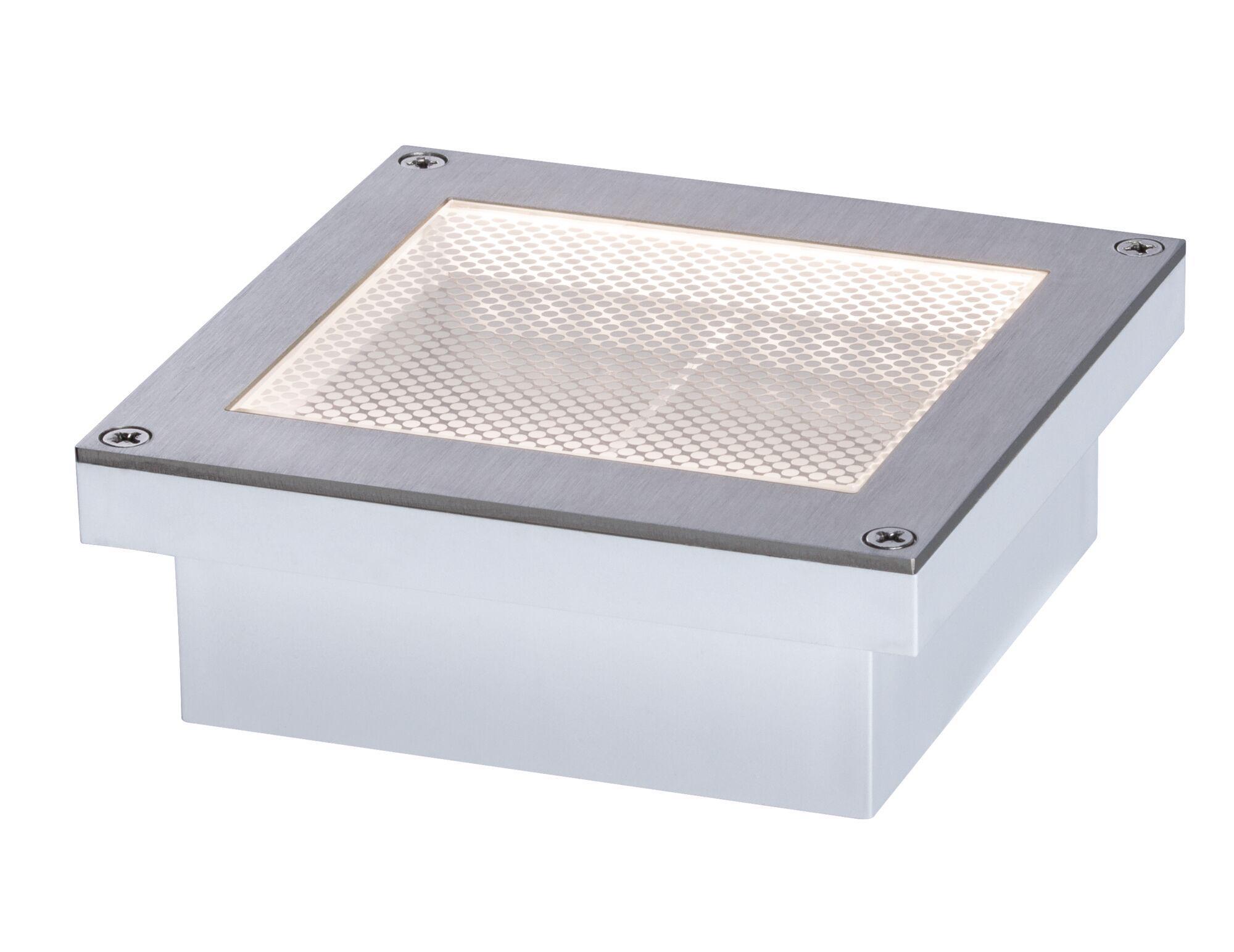 Square stainless steel LED floor recessed light with white housing and protective grid for outdoor lighting