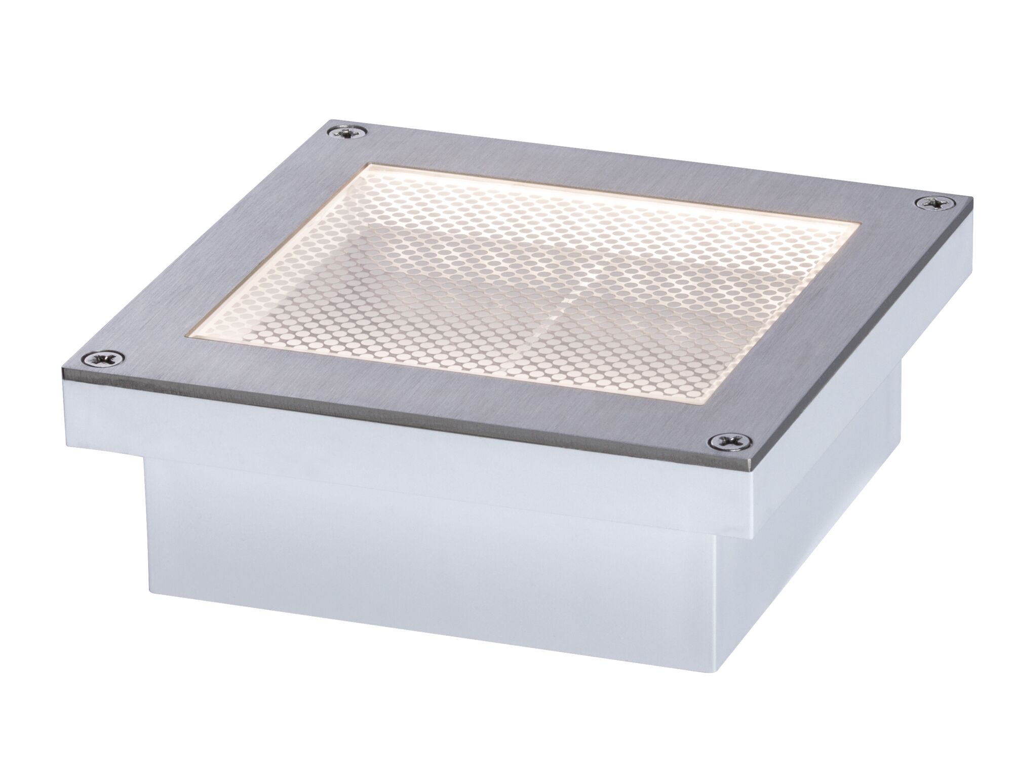 Quadratischer LED-Bodeneinbaustrahler aus Edelstahl mit weißem Gehäuse und Lichtschutzgitter