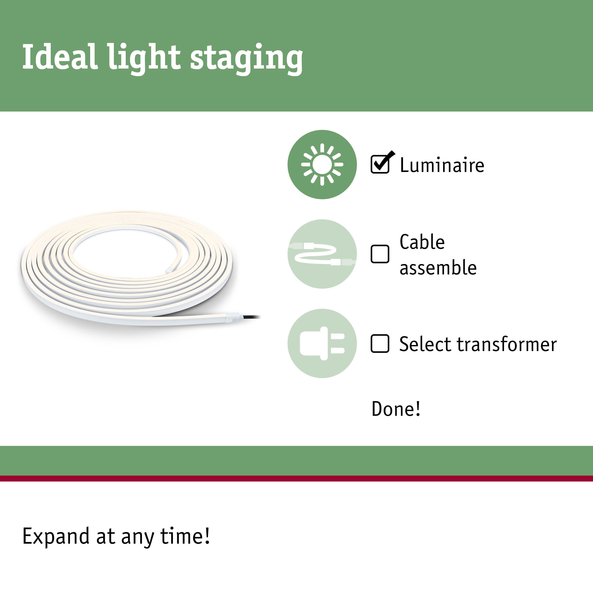 Flexible white LED light strip for lighting with easy assembly and options for transformer and cable