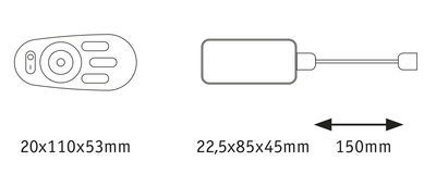 Technical drawing showing dimensions of two electronic parts and 150 mm cable length