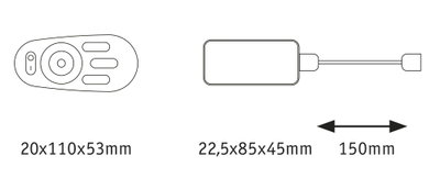 Technische Zeichnung mit Maßen von zwei elektronischen Komponenten und Kabellänge 150 mm