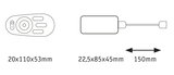 Technische Zeichnung mit Maßen von zwei elektronischen Komponenten und Kabellänge 150 mm