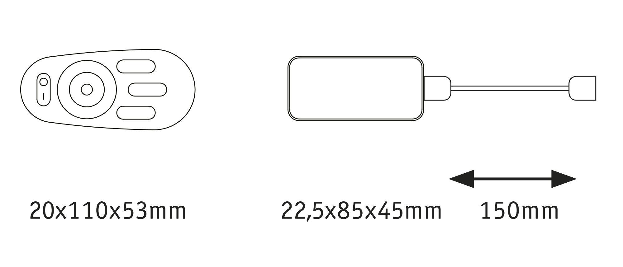 Technical drawing showing dimensions of two electronic parts and 150 mm cable length