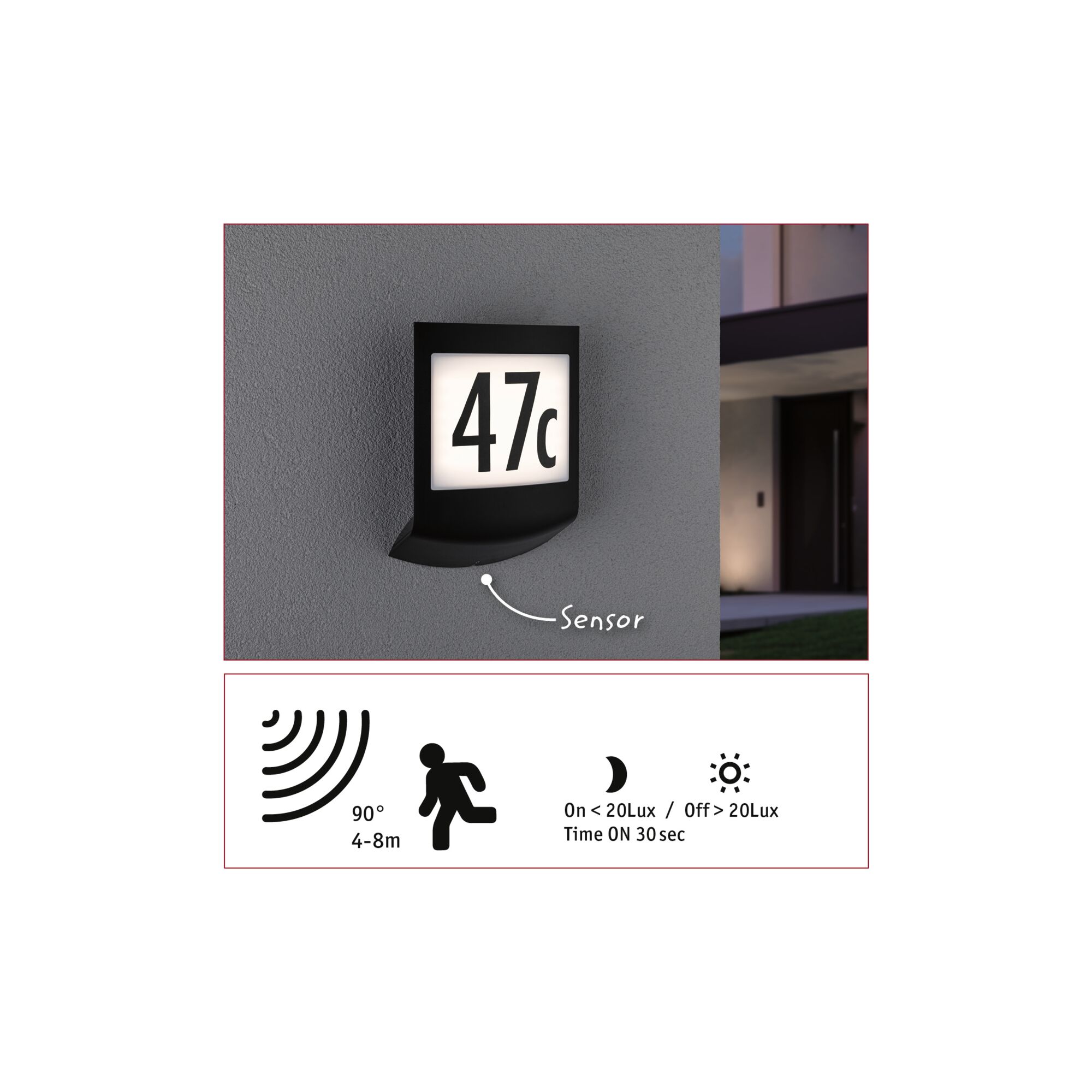 Schwarzes LED-Hausnummernschild mit Bewegungsmelder und weißer beleuchteter Fläche für Nummer 47c.