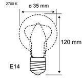 Technische Zeichnung einer E14 Glühbirne mit 35 mm Durchmesser und 120 mm Länge, 2700 K Lichtfarbe.