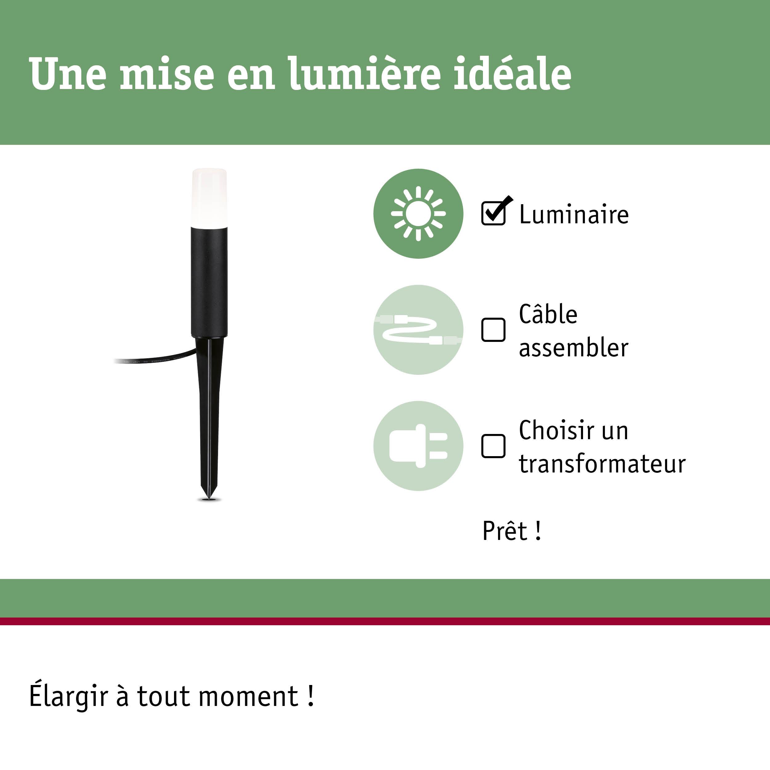 Luminaire LED noir avec piquet pour éclairage extérieur, installation simple sans câble ni transformateur