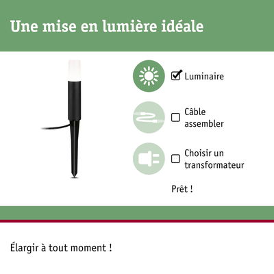Luminaire LED noir avec piquet pour éclairage extérieur, installation simple sans câble ni transformateur