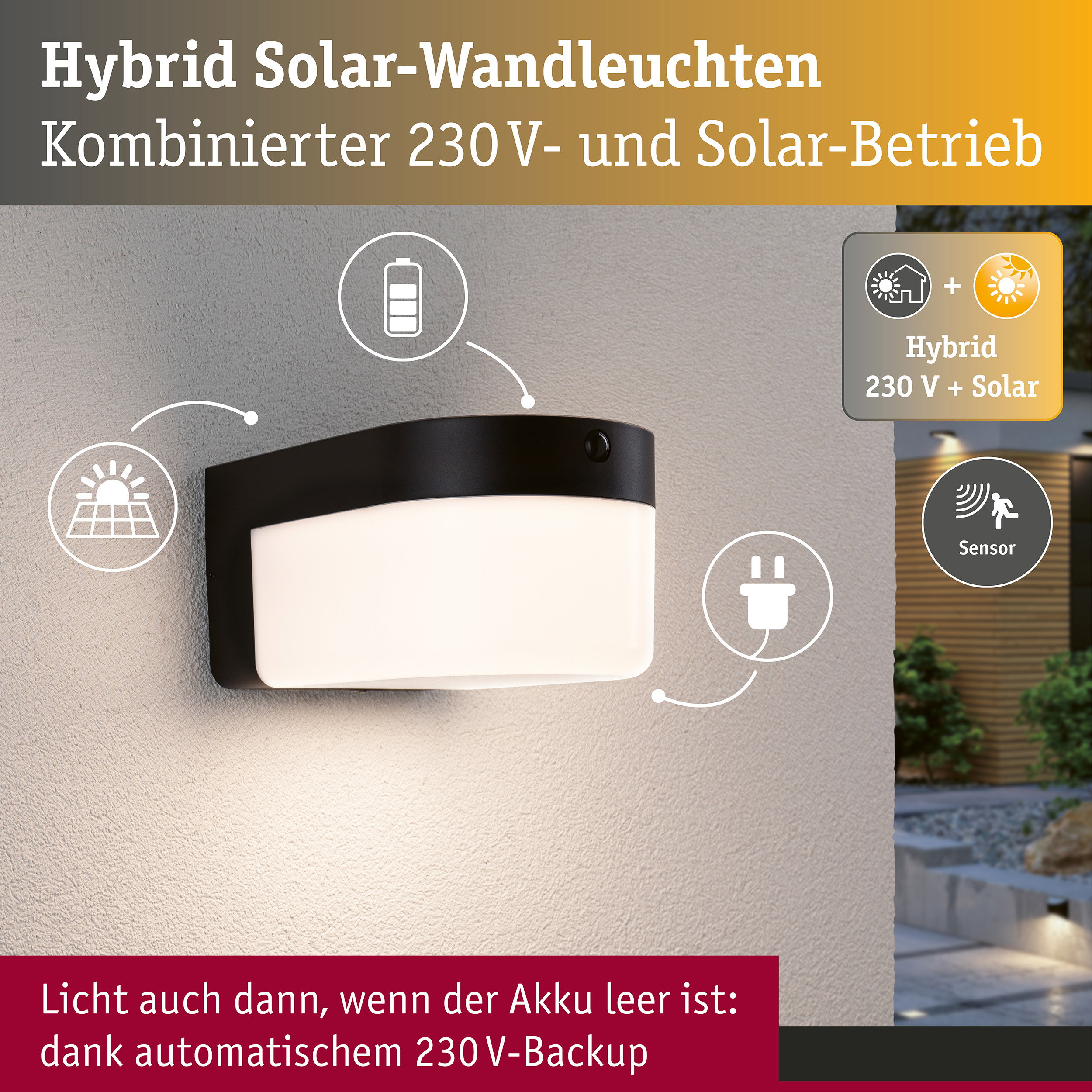 Hybrid LED Außenwandleuchte Calyne House 230V + Solar IP44 eckig 145x229mm 3000K 2,3W 230lm 230V Schwarz