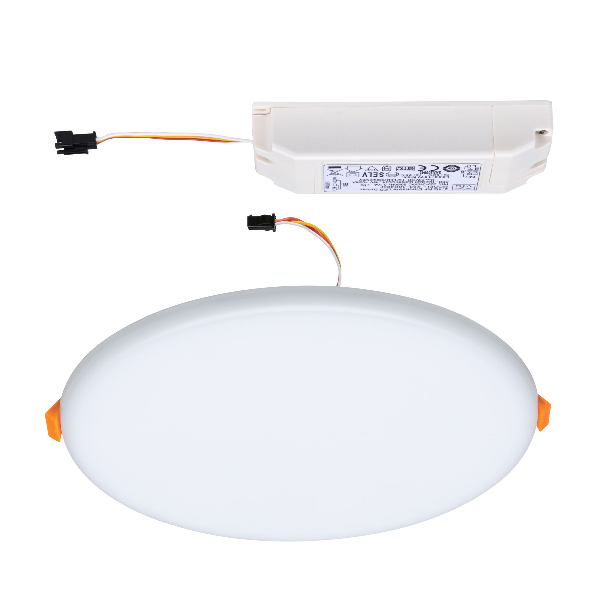 Rundes LED-Einbaupanel in Weiß mit passendem weißem Treiber und Anschlusskabel für Deckenbeleuchtung