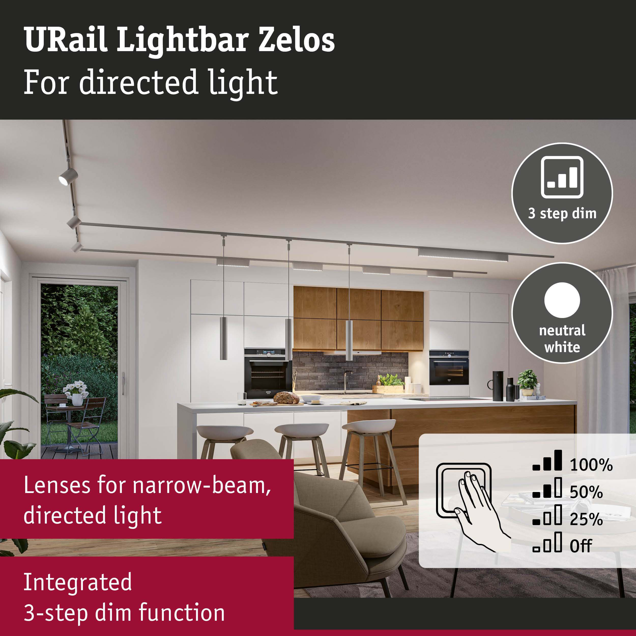 URail Lightbar Zelos white ceiling light with narrow beam lenses and integrated 3-step dim function