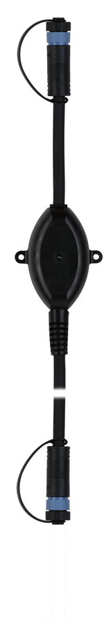 Zwarte kabel met ovale behuizing en blauwe connectoren, geschikt voor LED-verlichtingssystemen.
