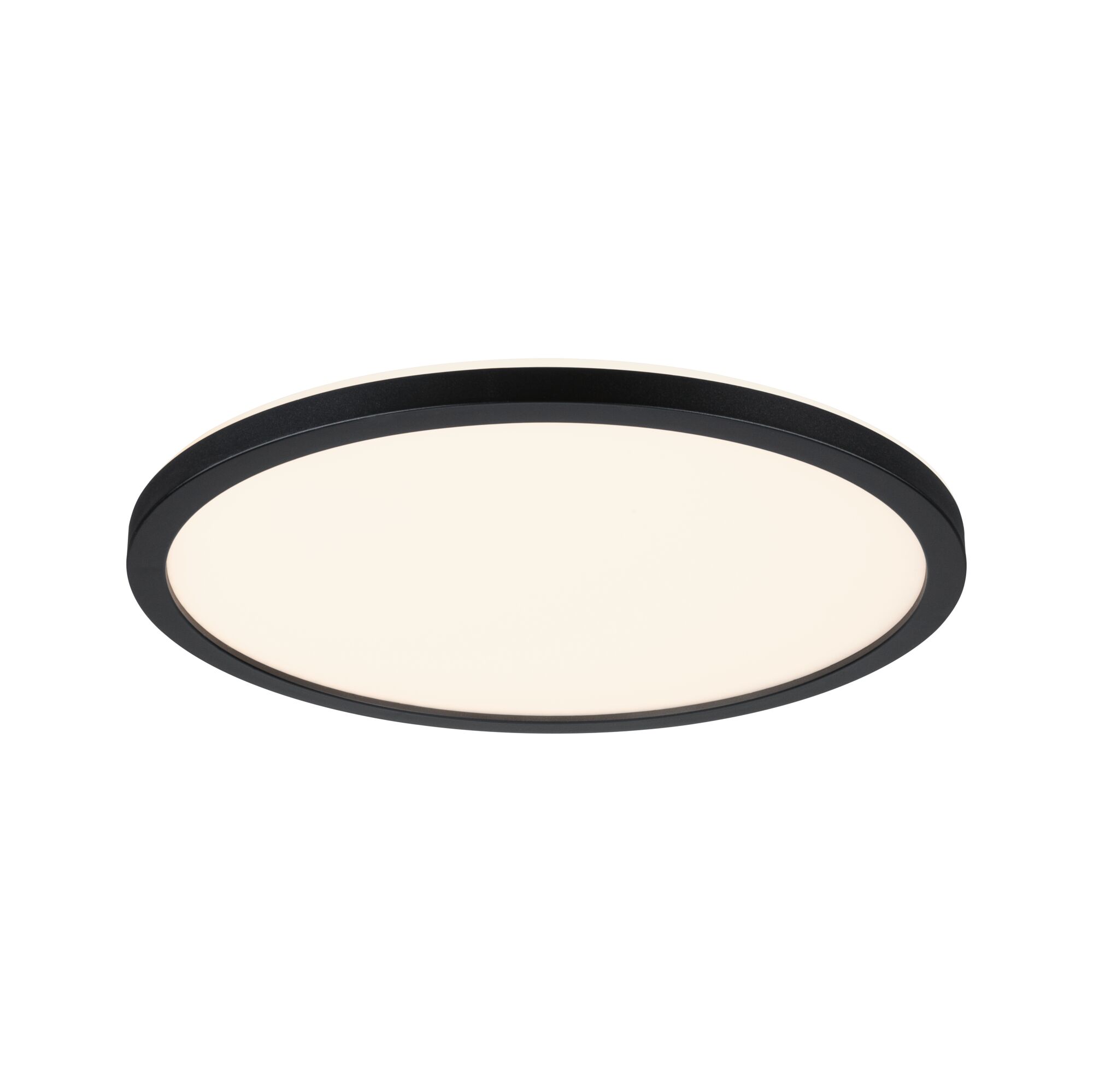 Round LED ceiling light with black aluminum frame and warm white light for modern interiors