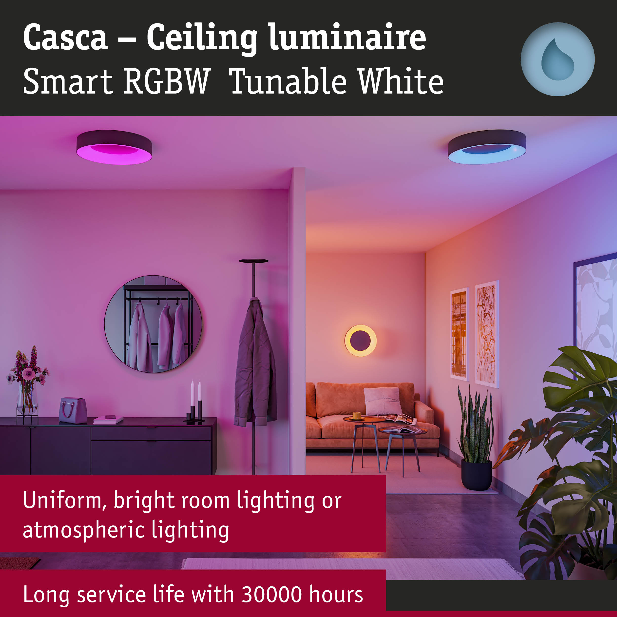 Casca black ceiling luminaire with smart RGBW tunable white for atmospheric room lighting