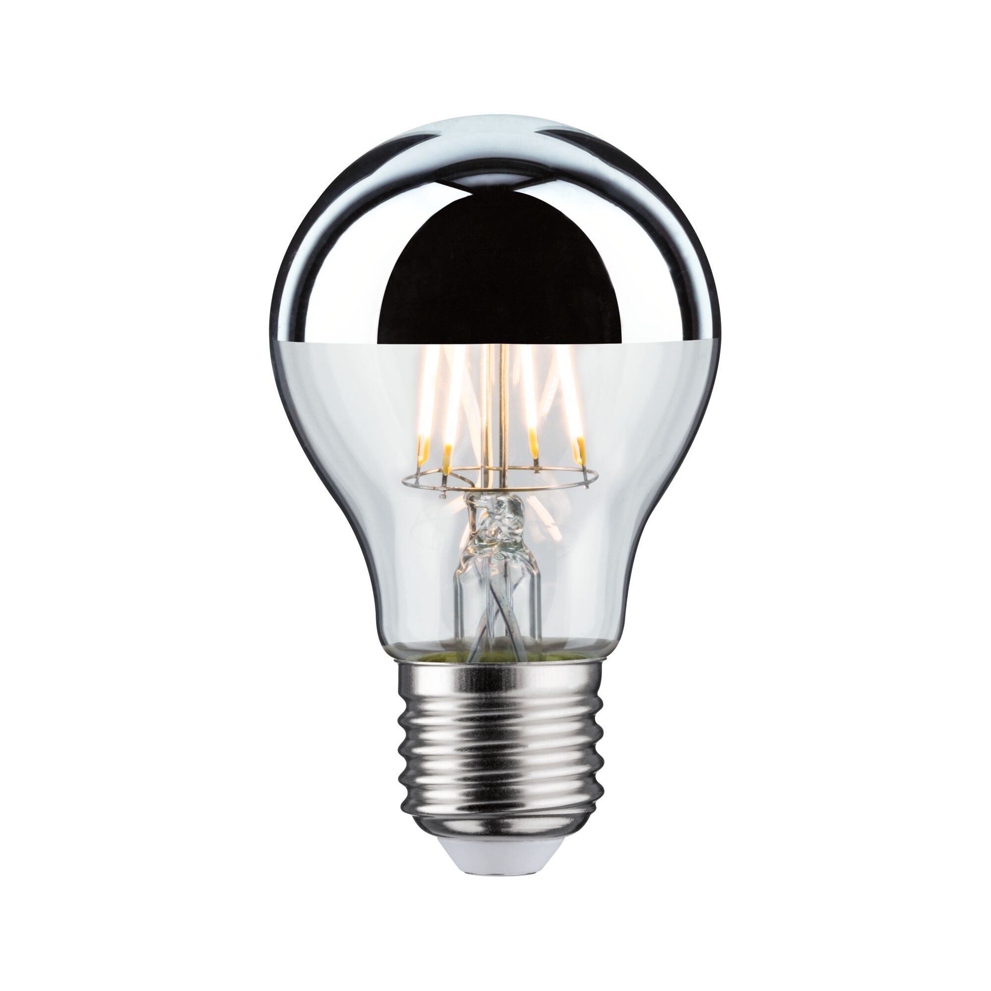 LED light bulb with silver mirror cap and clear glass for energy-efficient lighting