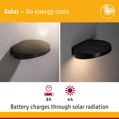 Black solar LED wall light with icons for charging and lighting time, energy-saving outdoor lighting solution