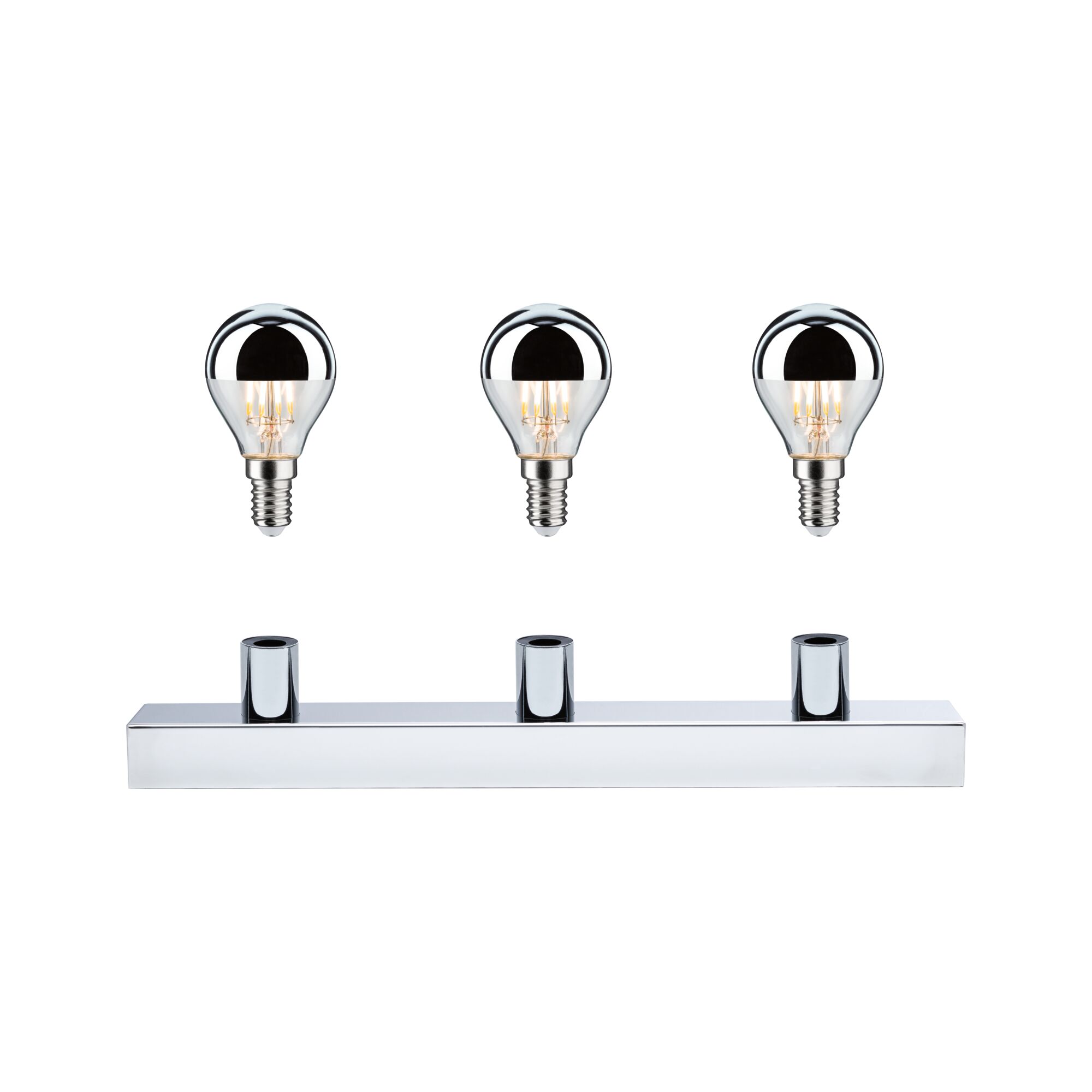 Three half-mirrored LED bulbs with silver coating and chrome lamp holder for modern lighting design