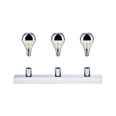 Three half-mirrored LED bulbs with silver coating and chrome lamp holder for modern lighting design