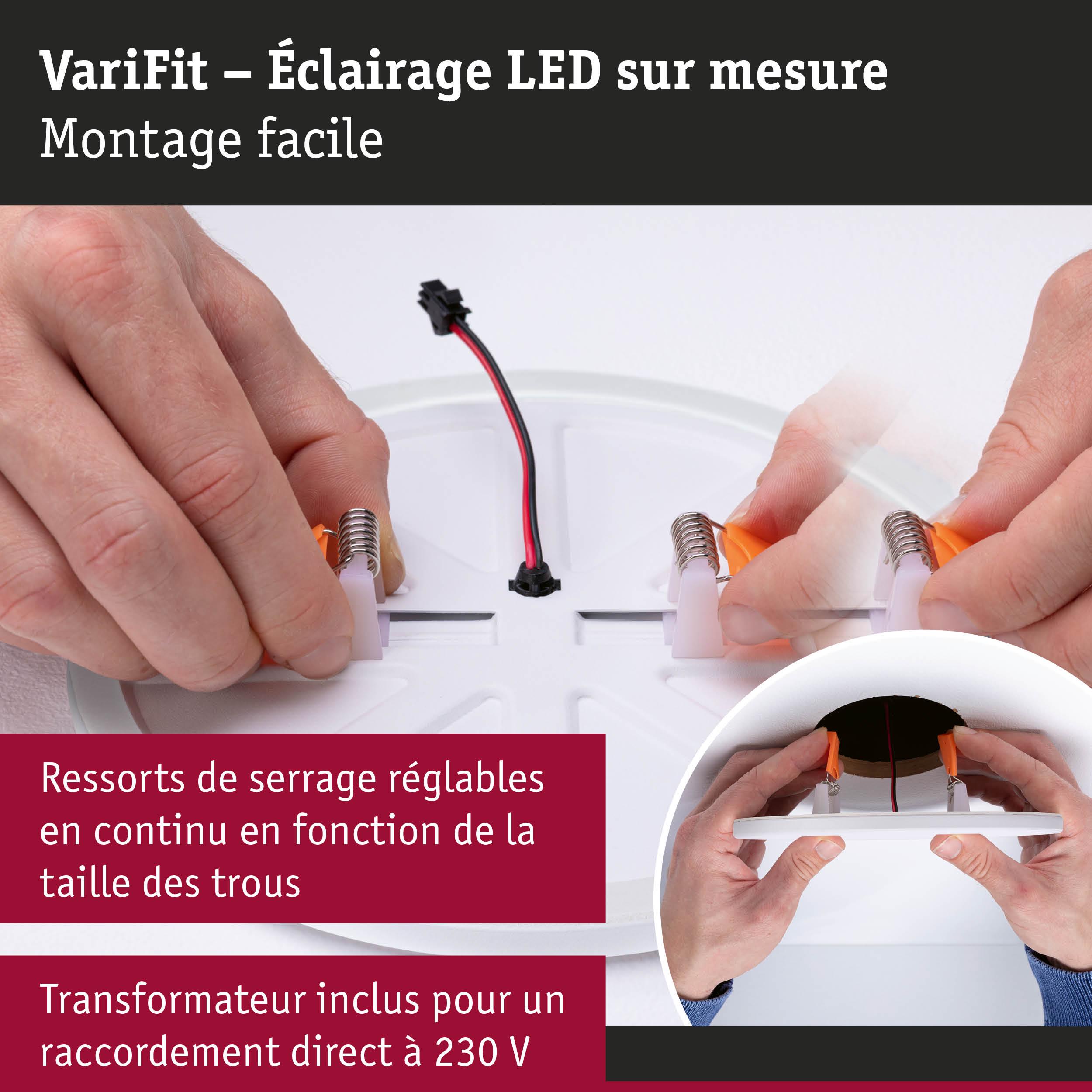 Plafonnier LED blanc avec ressorts réglables et connexion directe 230V pour une installation facile