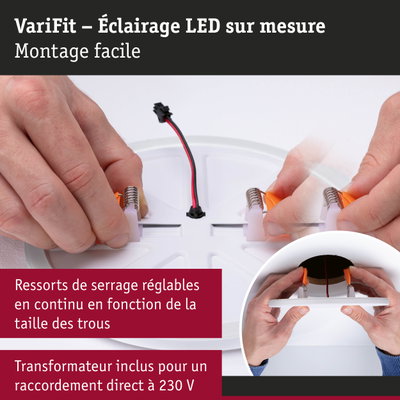 Mains assemblant un spot LED encastré blanc avec ressorts réglables et connexion câble d'alimentation