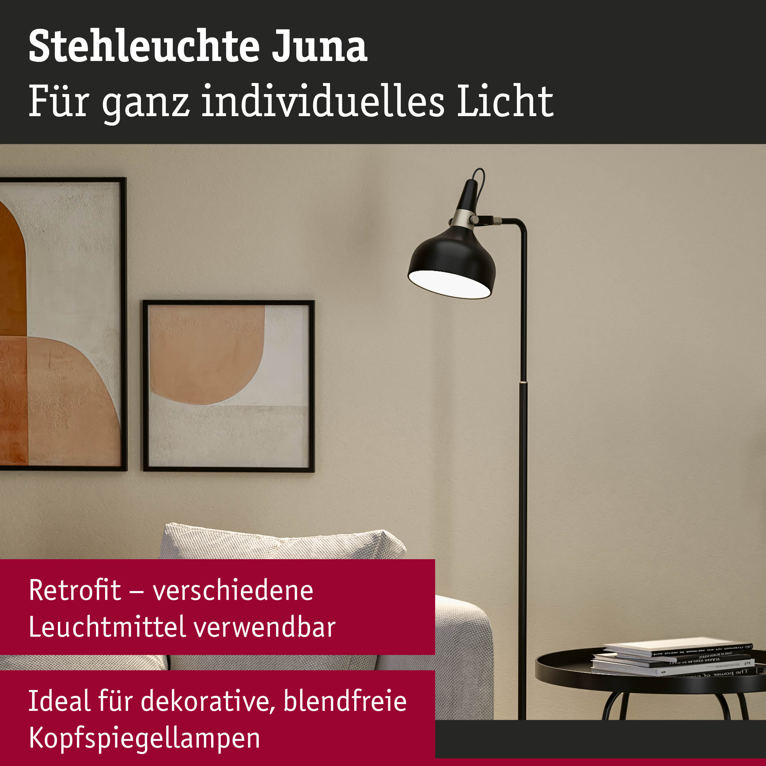 Schwarze Stehleuchte Juna aus Metall mit verstellbarem Lampenschirm für blendfreies Licht im Wohnzimmer