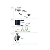 Technische tekening met afmetingen van zwarte LED-inbouwspot, verlengkabel en voeding.