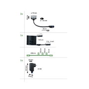 Technical drawing showing dimensions of black LED recessed spotlight, extension cable, and power supply.