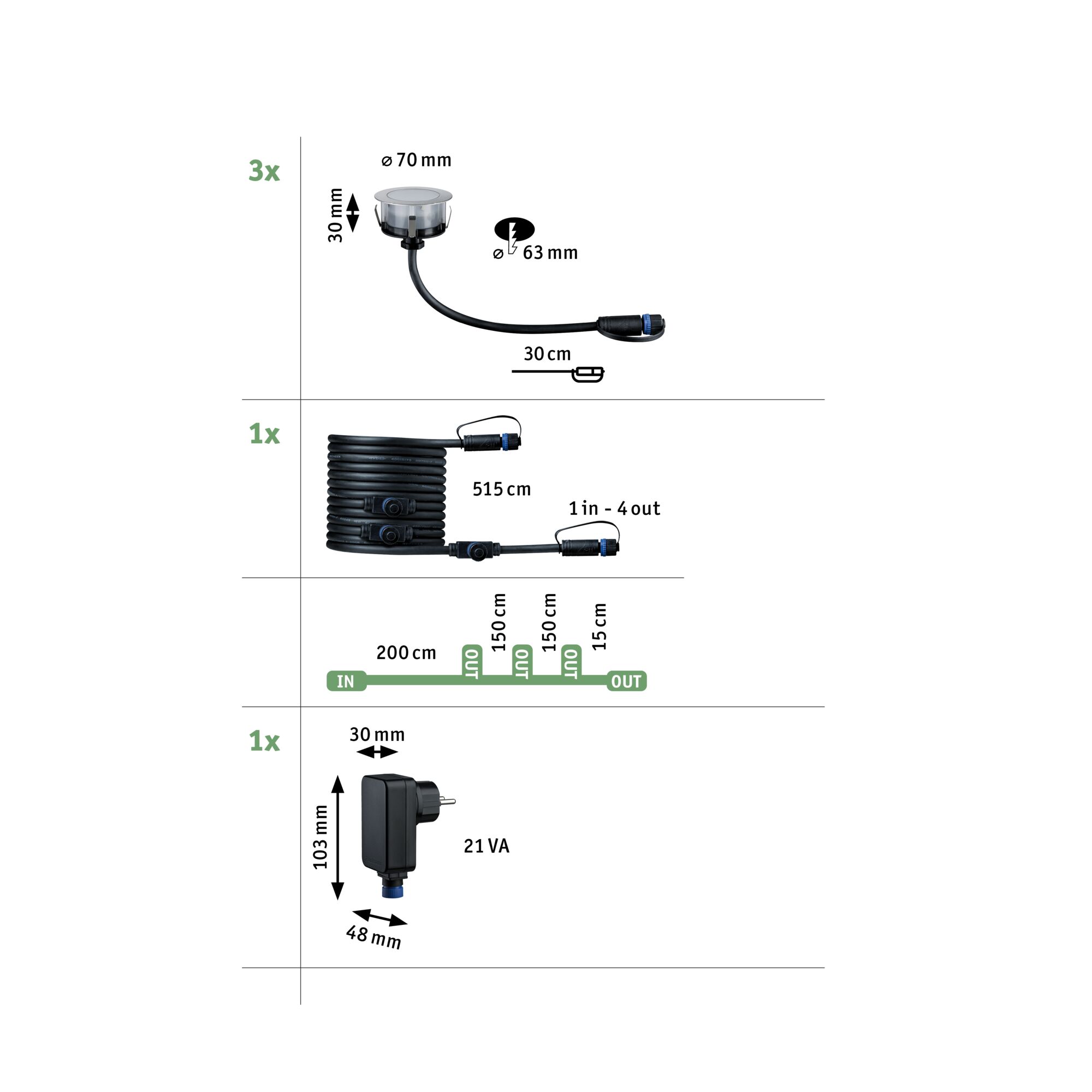 Technical drawing showing dimensions of black LED recessed spotlight, extension cable, and power supply.