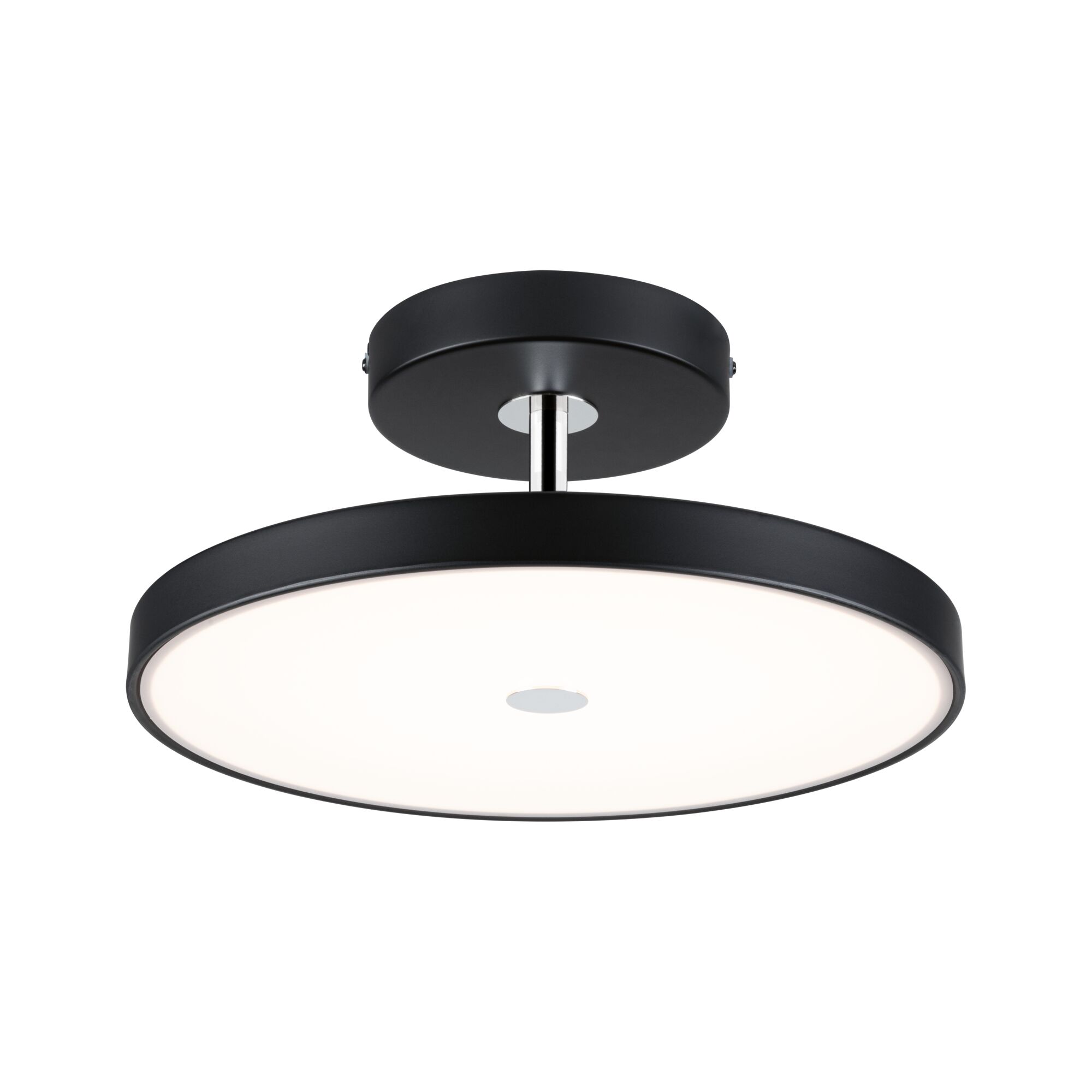 Ronde plafondlamp van zwart metaal met witte diffuser voor moderne woonverlichting