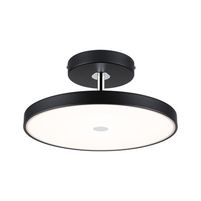 Rund loftlampe i sort metal med hvid diffusor til moderne boligbelysning