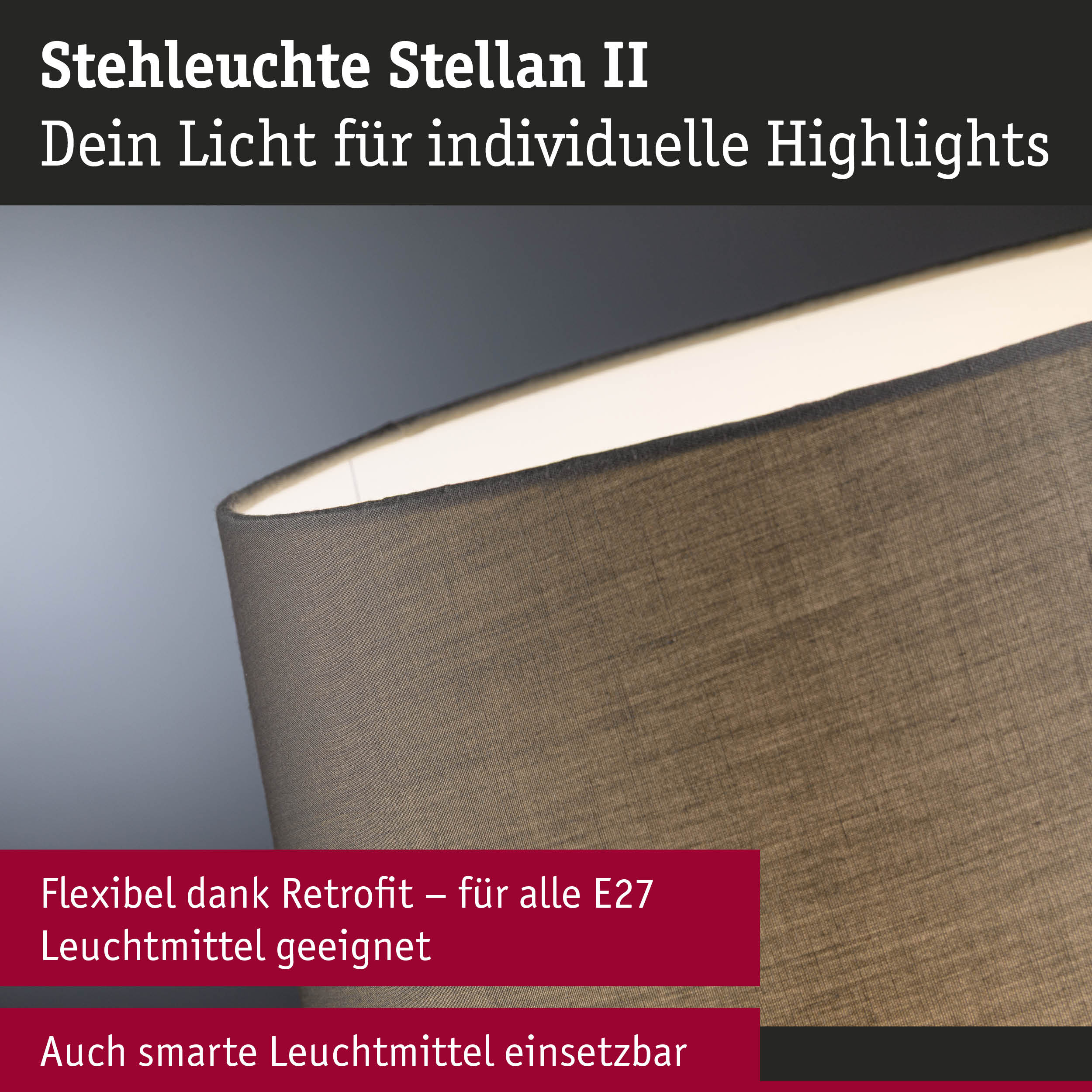 Stehleuchte Stellan II mit braunem Stoffschirm und flexibler E27 Retrofit Fassung für smarte Leuchtmittel