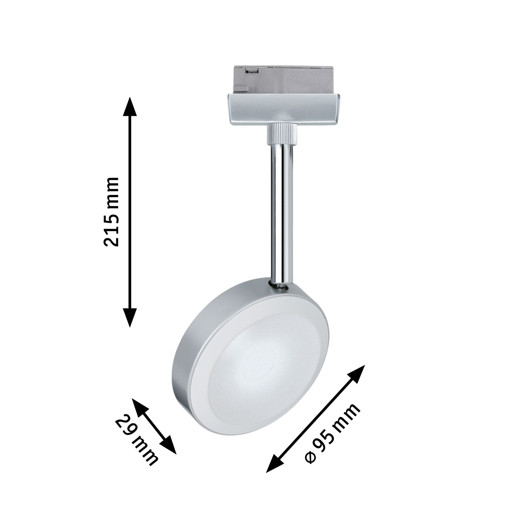 Silver LED spotlight with round light and adjustable rod, dimensions 215x95x29 mm, modern lighting fixture