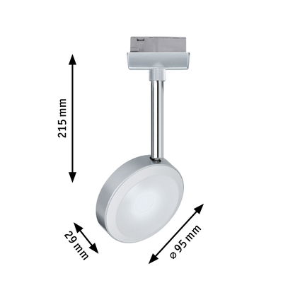 Spot LED argenté avec lumière ronde et tige réglable, dimensions 215x95x29 mm, luminaire moderne
