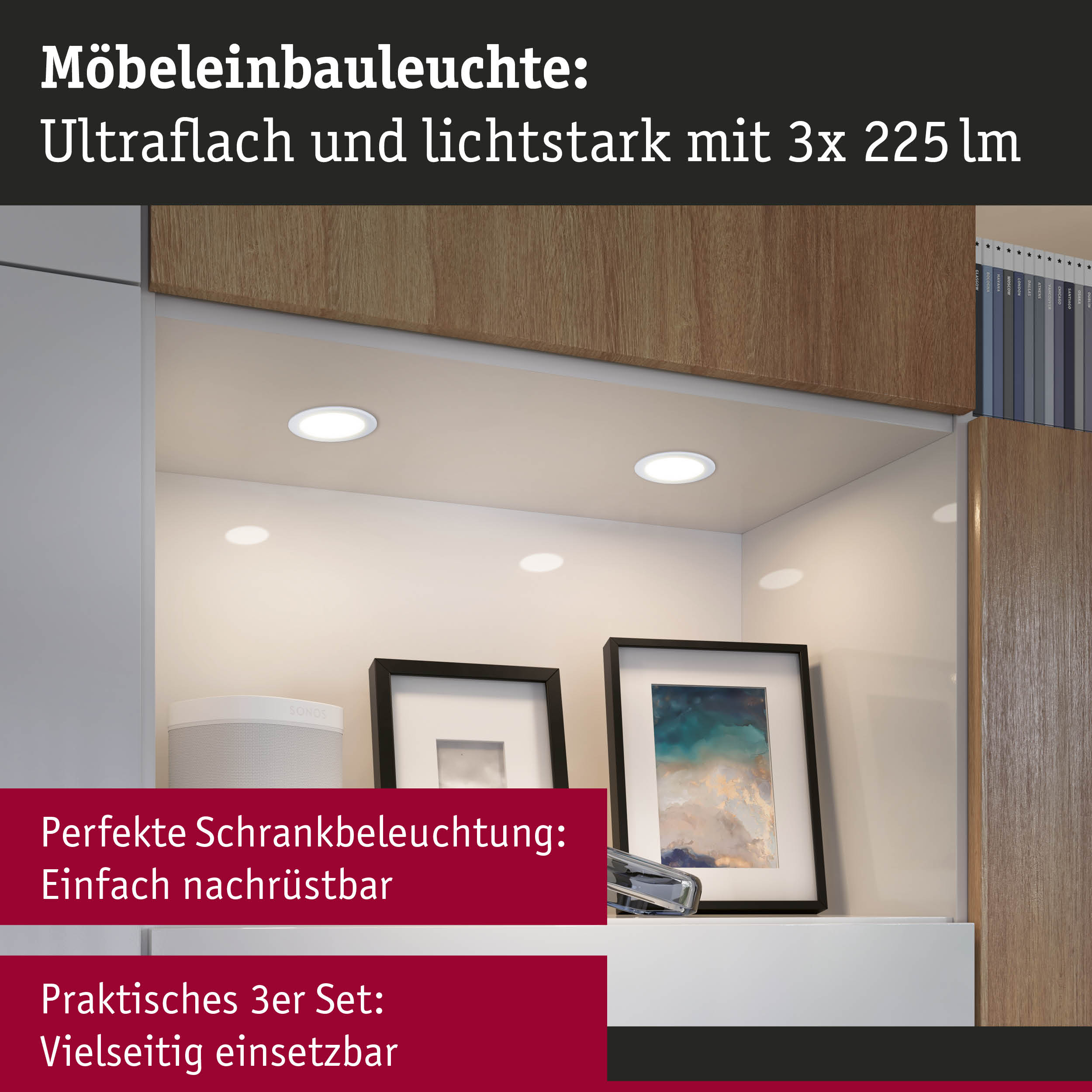 Ultradünne Möbel-Einbauleuchte mit 3x 225 lm Lichtstärke in Weiß für vielseitige Schrankbeleuchtung