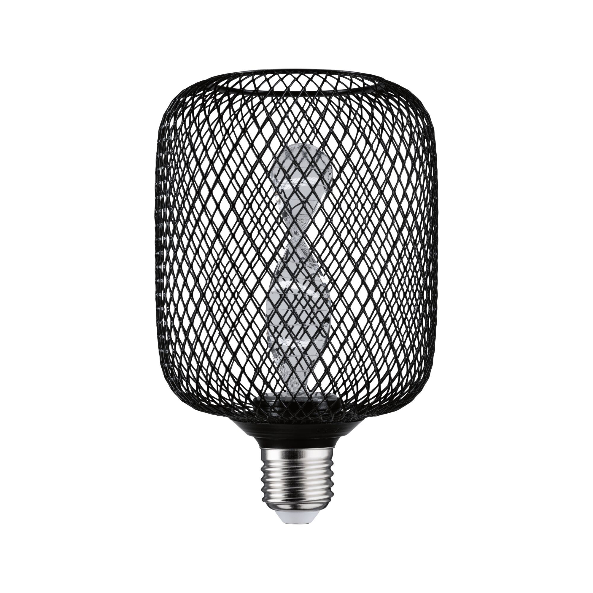 Modern LED bulb with black metal mesh and decorative filament for stylish lighting solutions