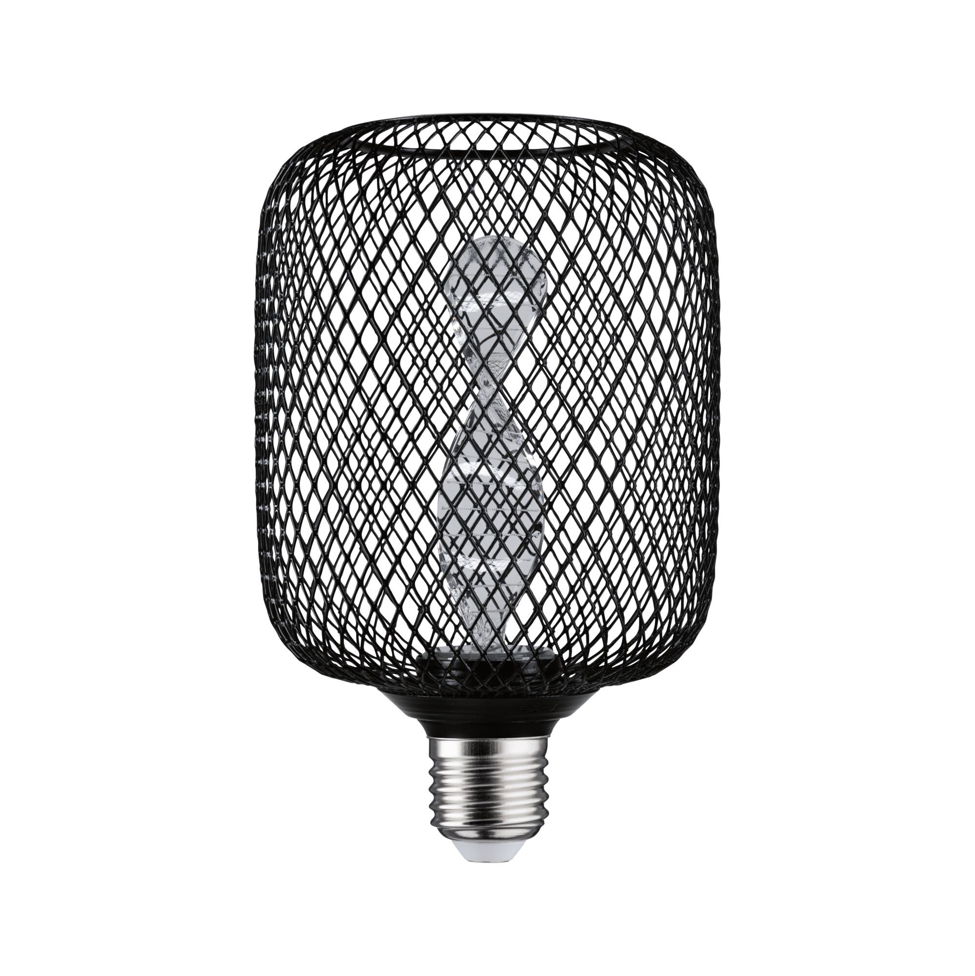Modern LED bulb with black metal mesh and decorative filament for stylish lighting solutions